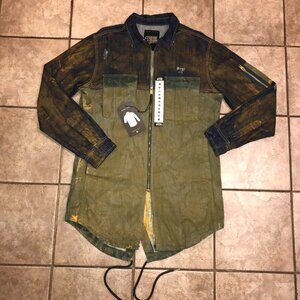 Men's Copper Rivet Slim Fit Fishtail Long Denim Distressed Jacket-Size XL